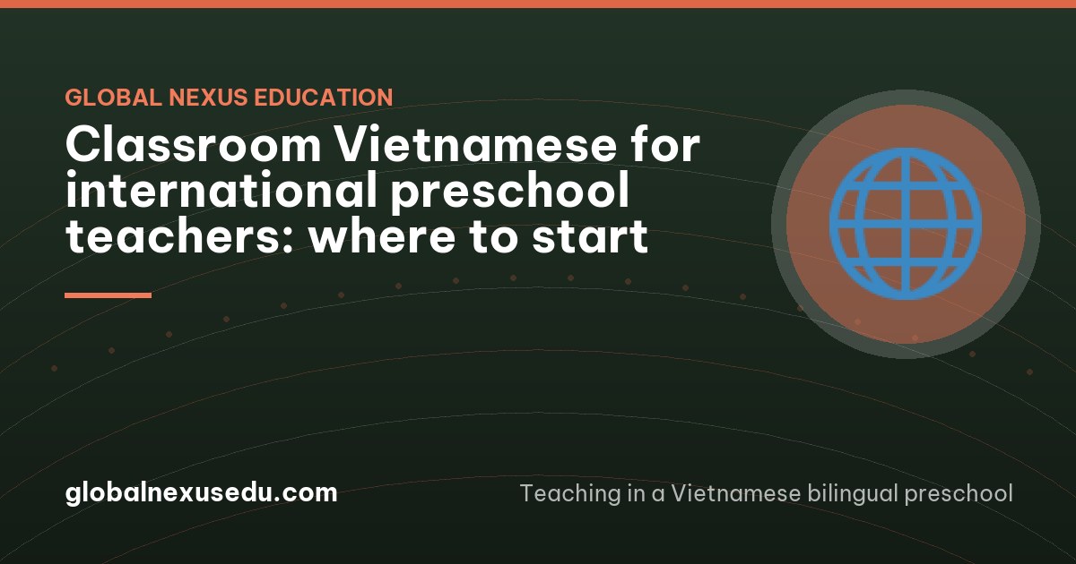 An international teacher and a toddler sitting side by side on a low step in a sunny preschool garden, the teacher listening closely as the child points at a flowering plant, seen from behind