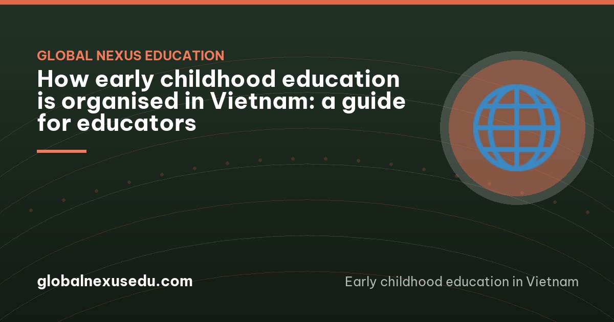 Wide view of a Vietnamese preschool courtyard in the morning, small groups of children playing under shade trees while teachers watch, children seen from a distance