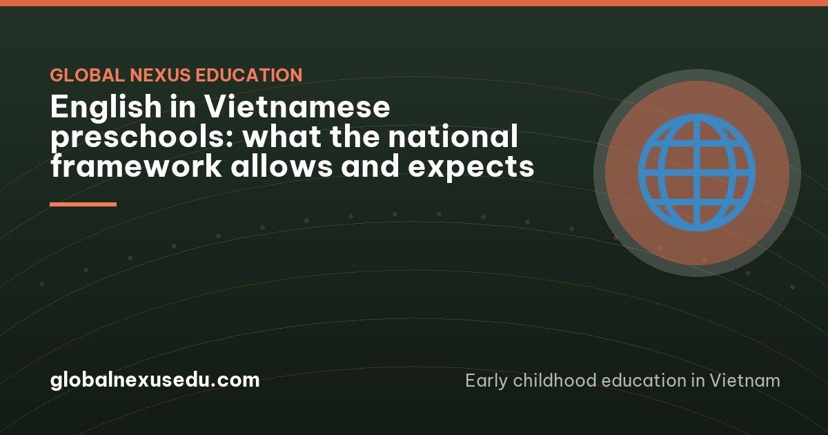 An international teacher crouching beside four preschool children around a low table with picture cards turned face down and wooden animals, Vietnamese teacher nearby, side view