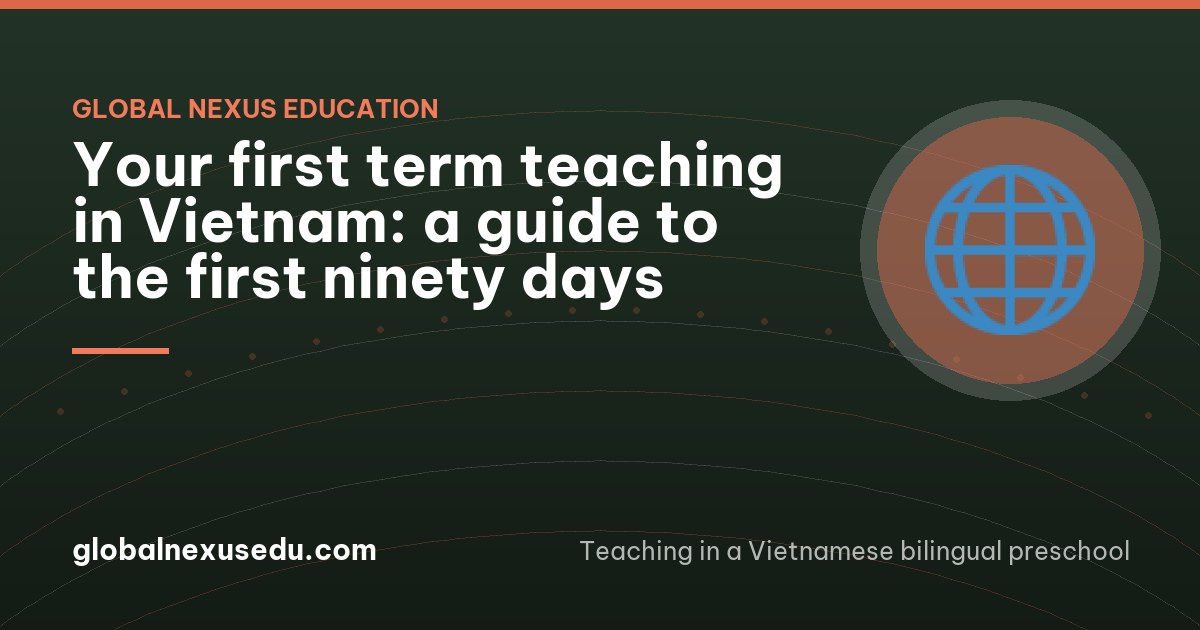 An international teacher kneeling to greet a small child at a preschool classroom doorway in the morning, a Vietnamese colleague standing nearby, bright soft light, faces not visible