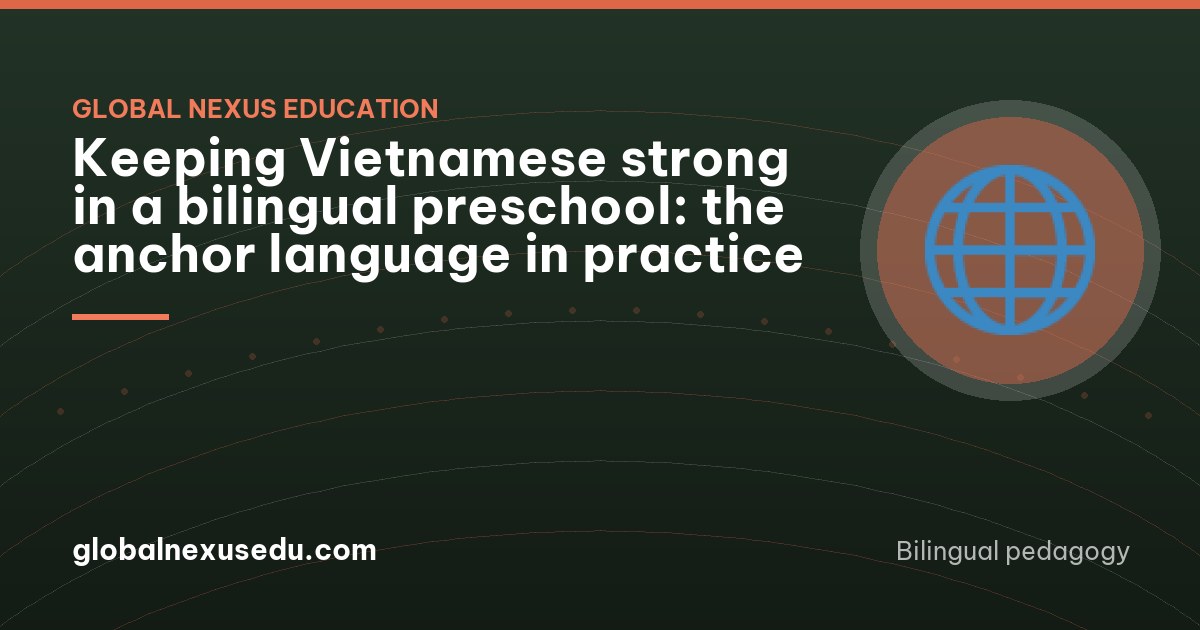 A Vietnamese teacher reading aloud to a small circle of children on a woven mat in a shaded school veranda, potted plants nearby, children seen from behind